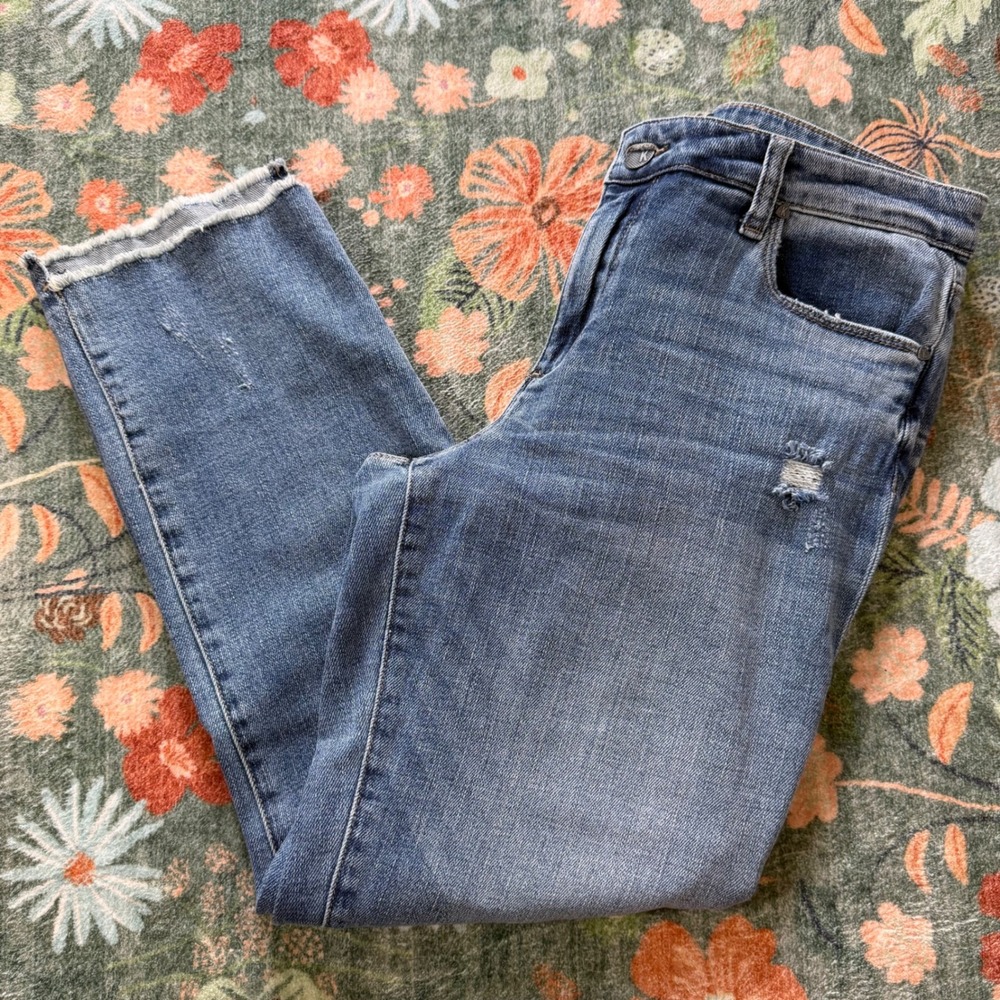 Kut from the Kloth Reese Ankle Straight Leg Jean Blue Distressed Raw Hem Size 10
